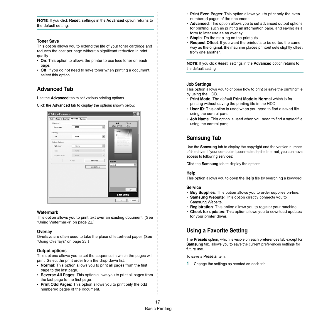 Samsung SCX-6545N Series manual Advanced Tab, Samsung Tab, Using a Favorite Setting 