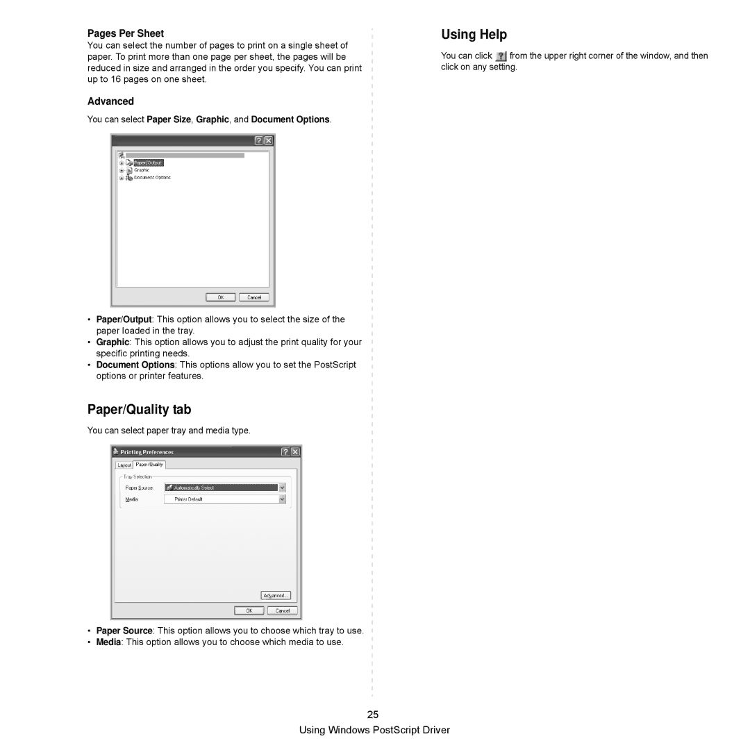 Samsung SCX-6545N Series Paper/Quality tab, Pages Per Sheet, You can select Paper Size, Graphic, and Document Options 