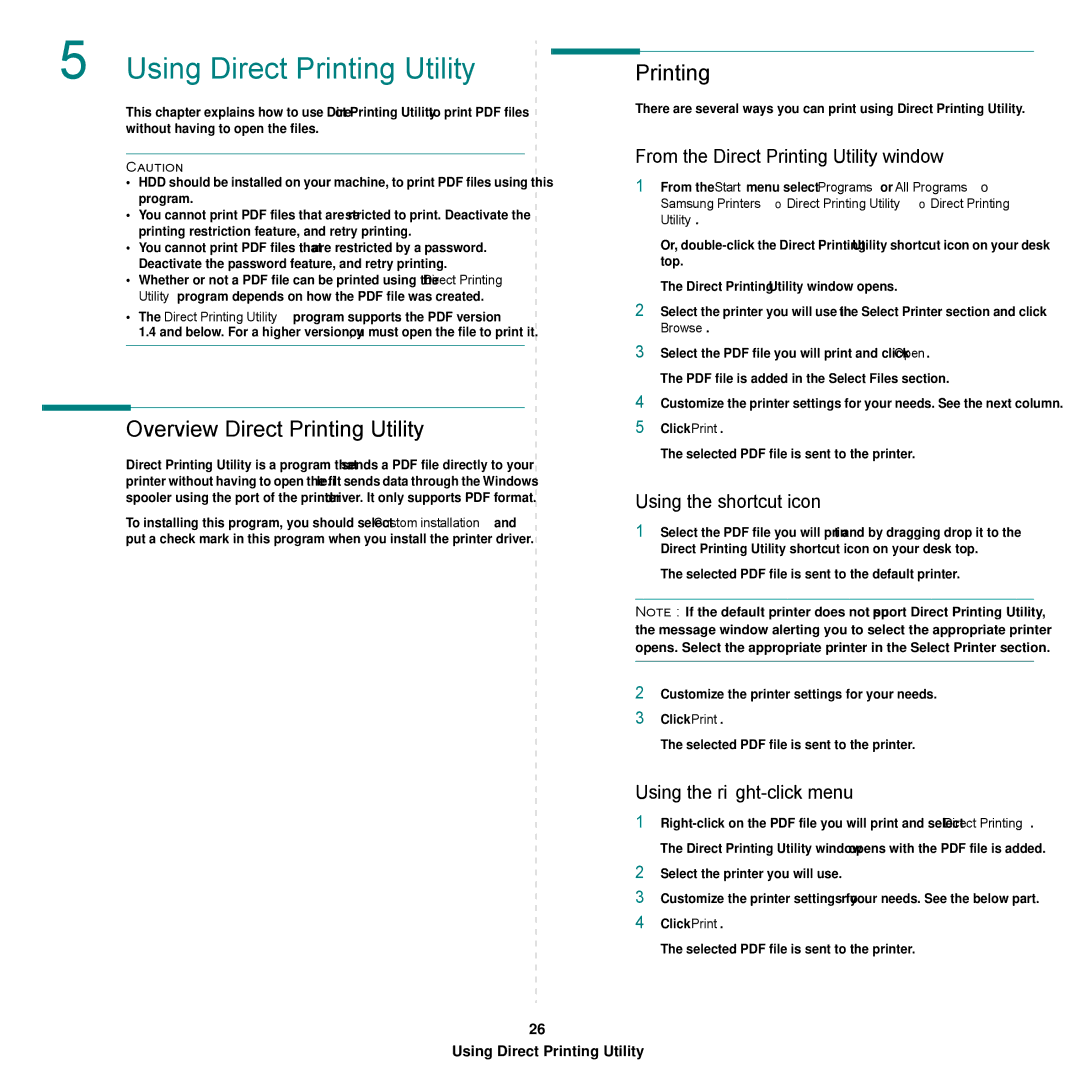 Samsung SCX-6545N Series manual Overview Direct Printing Utility, From the Direct Printing Utility window 