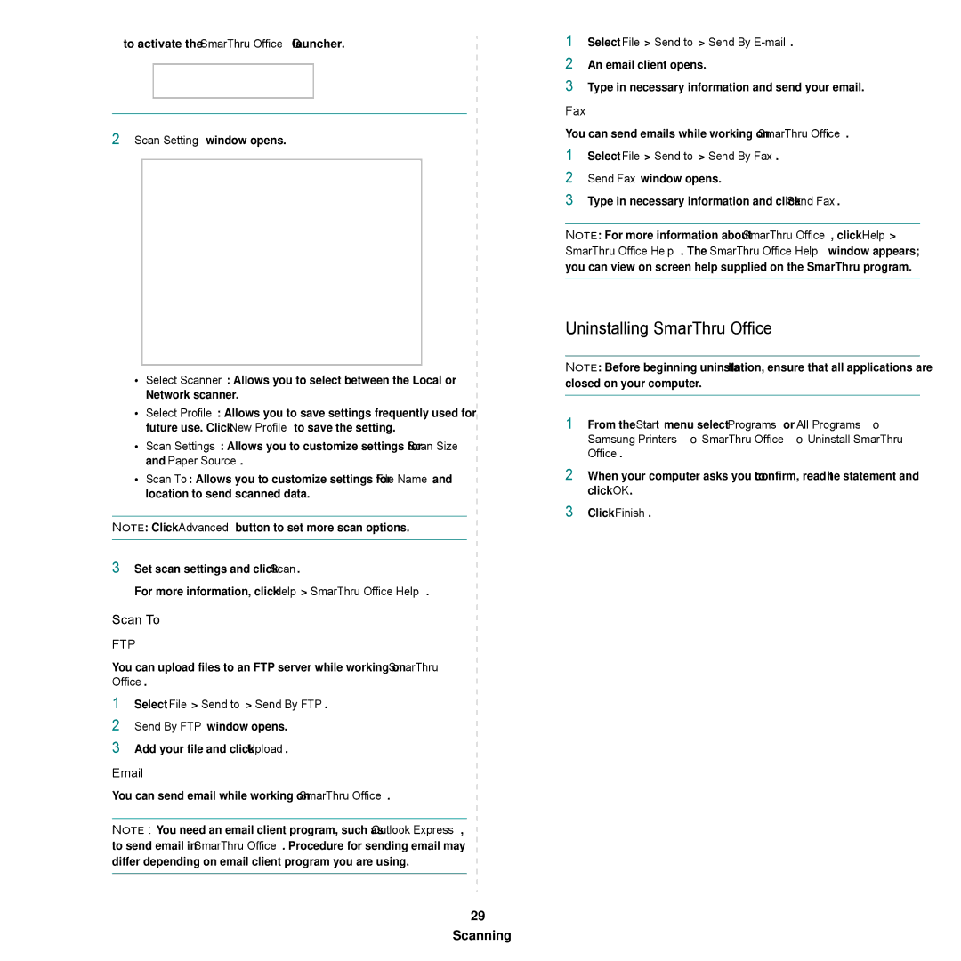 Samsung SCX-6545N Series manual Uninstalling SmarThru Office, Scan To, Fax 