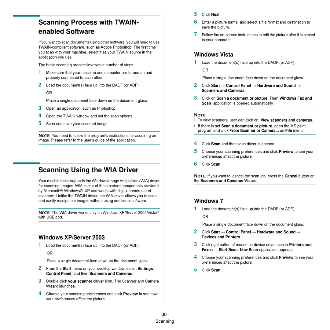 Samsung SCX-6545N Series manual Scanning Process with TWAIN- enabled Software, Windows Vista 