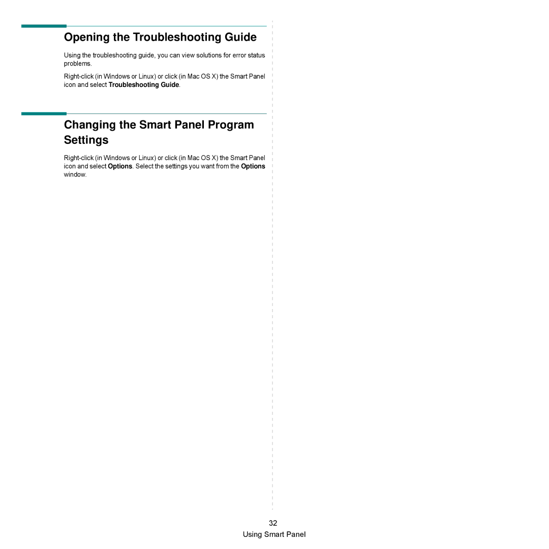 Samsung SCX-6545N Series manual Opening the Troubleshooting Guide, Changing the Smart Panel Program Settings 