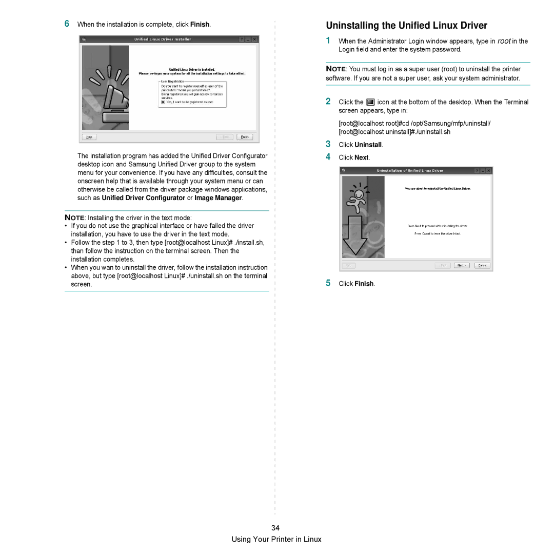 Samsung SCX-6545N Series manual Uninstalling the Unified Linux Driver, Click Uninstall 