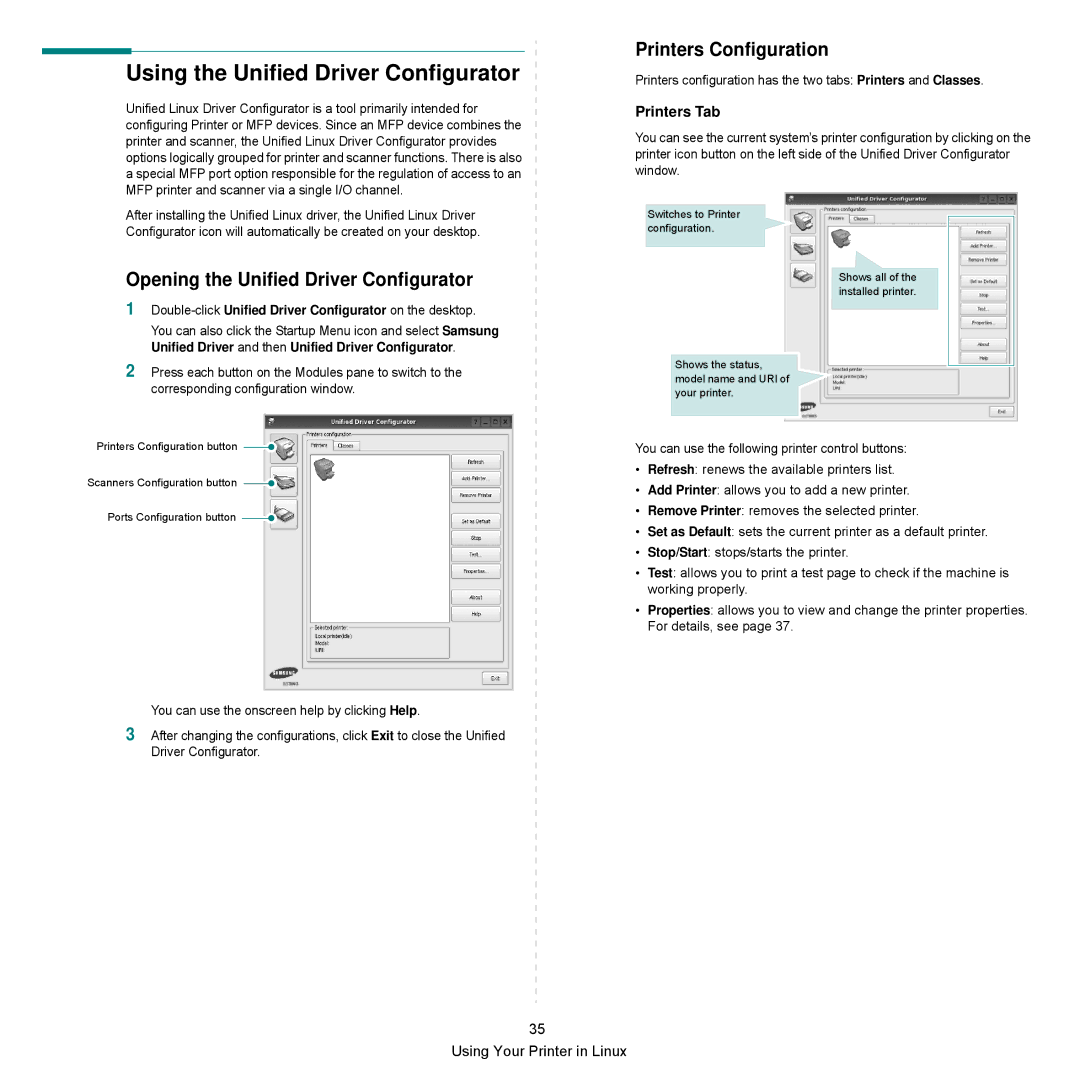 Samsung SCX-6545N Series Using the Unified Driver Configurator, Opening the Unified Driver Configurator, Printers Tab 