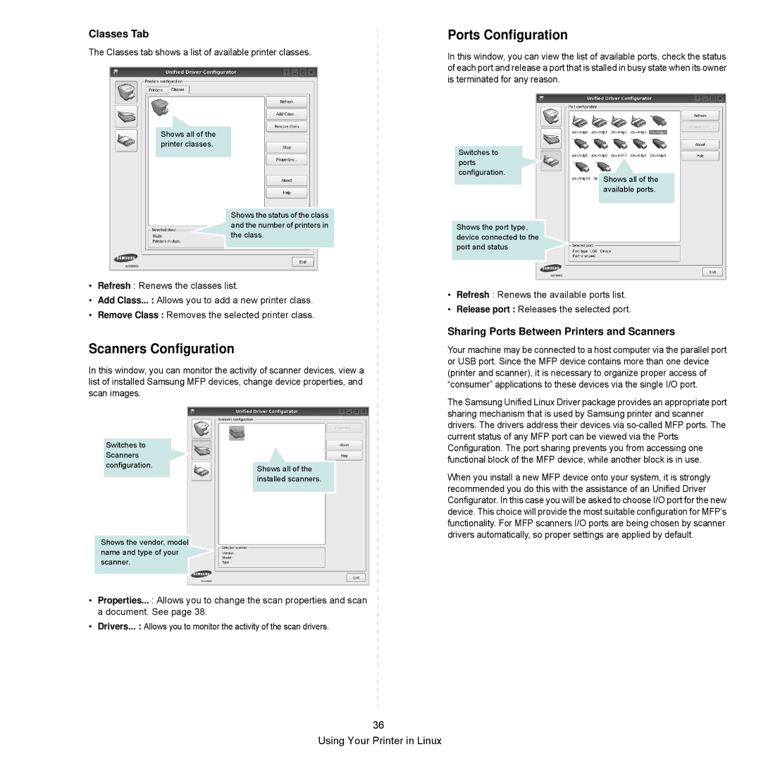 Samsung SCX-6545N Series manual Scanners Configuration, Ports Configuration, Classes Tab 