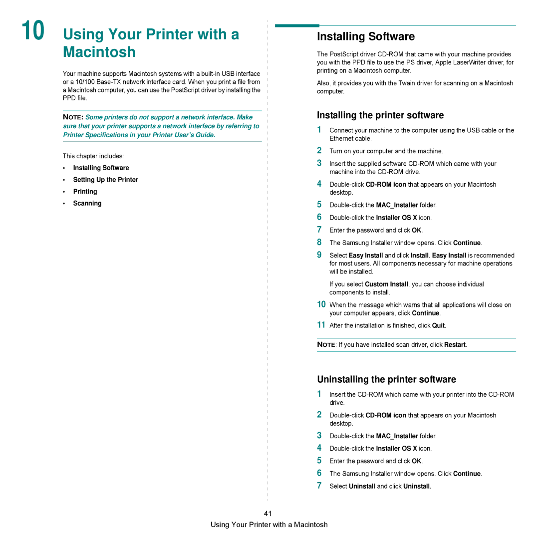 Samsung SCX-6545N Series manual Installing Software, Installing the printer software, Uninstalling the printer software 