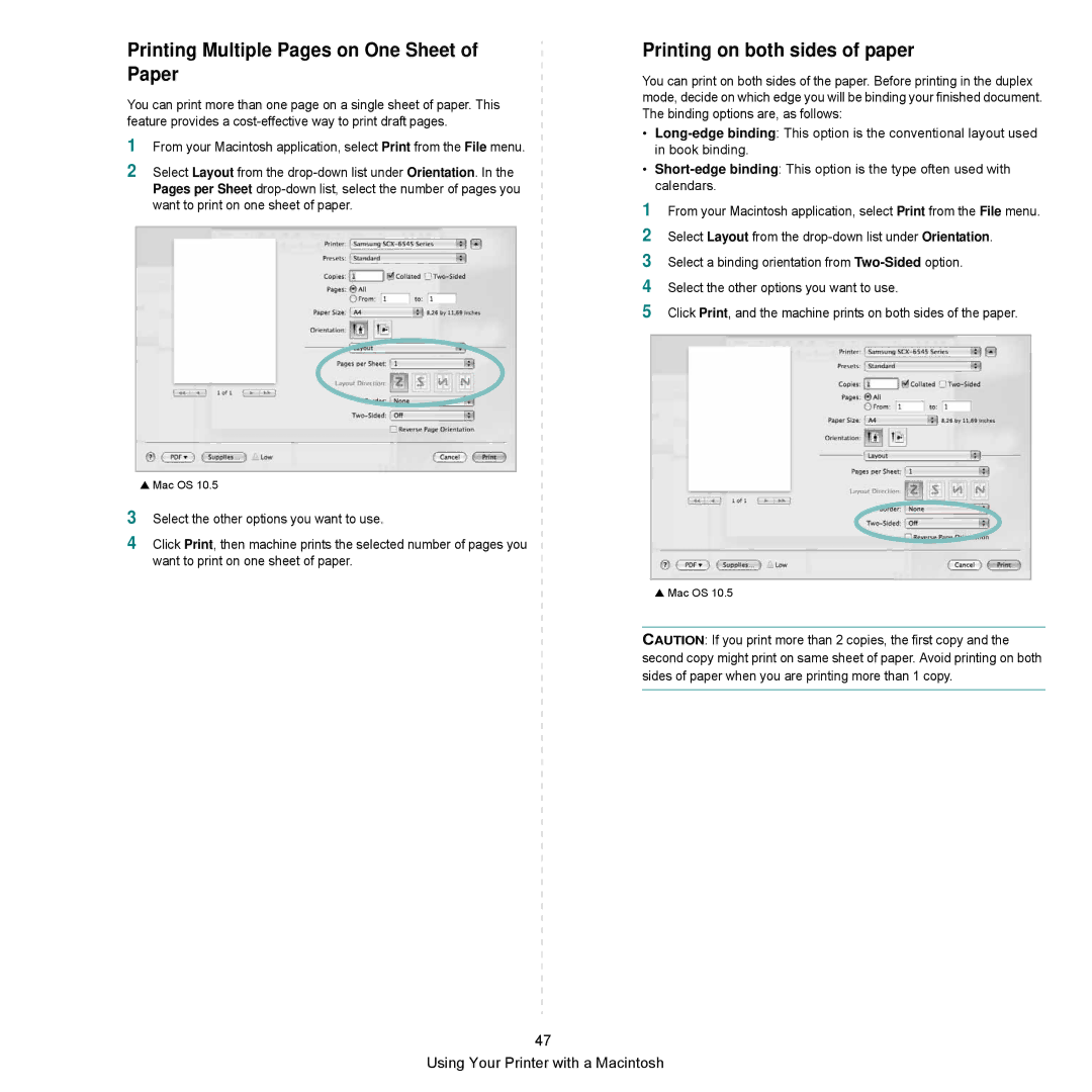 Samsung SCX-6545N Series manual Printing Multiple Pages on One Sheet of Paper, Printing on both sides of paper 