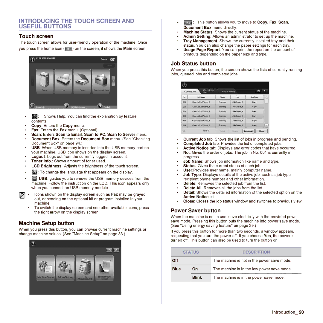 Samsung SCX-6545N Series manual Introducing the Touch Screen and Useful Buttons, Touch screen, Machine Setup button 