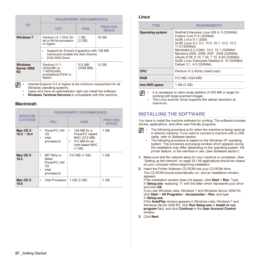 Samsung SCX-6545N Series manual Installing the Software, Macintosh, Linux 