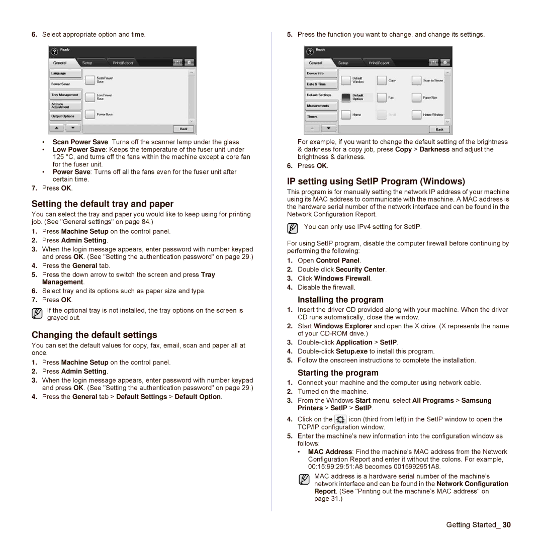 Samsung SCX-6545N Series manual Setting the default tray and paper, Changing the default settings, Installing the program 