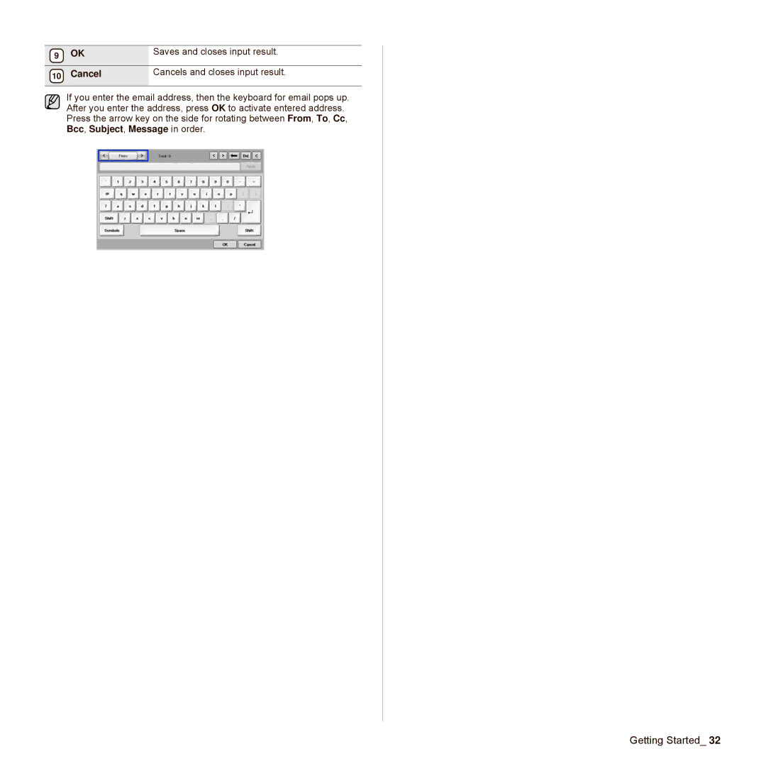 Samsung SCX-6545N Series manual Saves and closes input result, Cancel Cancels and closes input result 