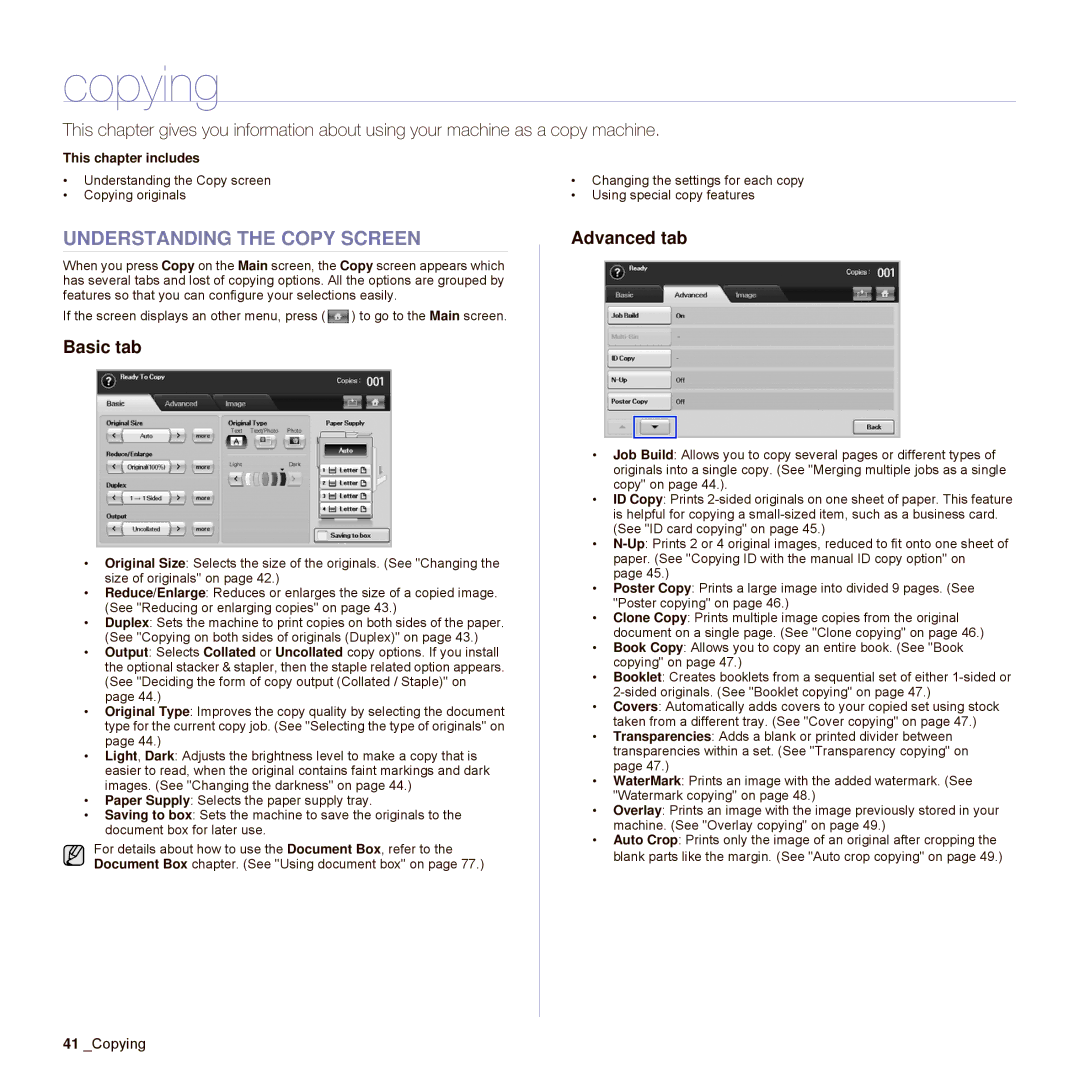 Samsung SCX-6545N Series manual Copying, Understanding the Copy Screen, Basic tab, Advanced tab 