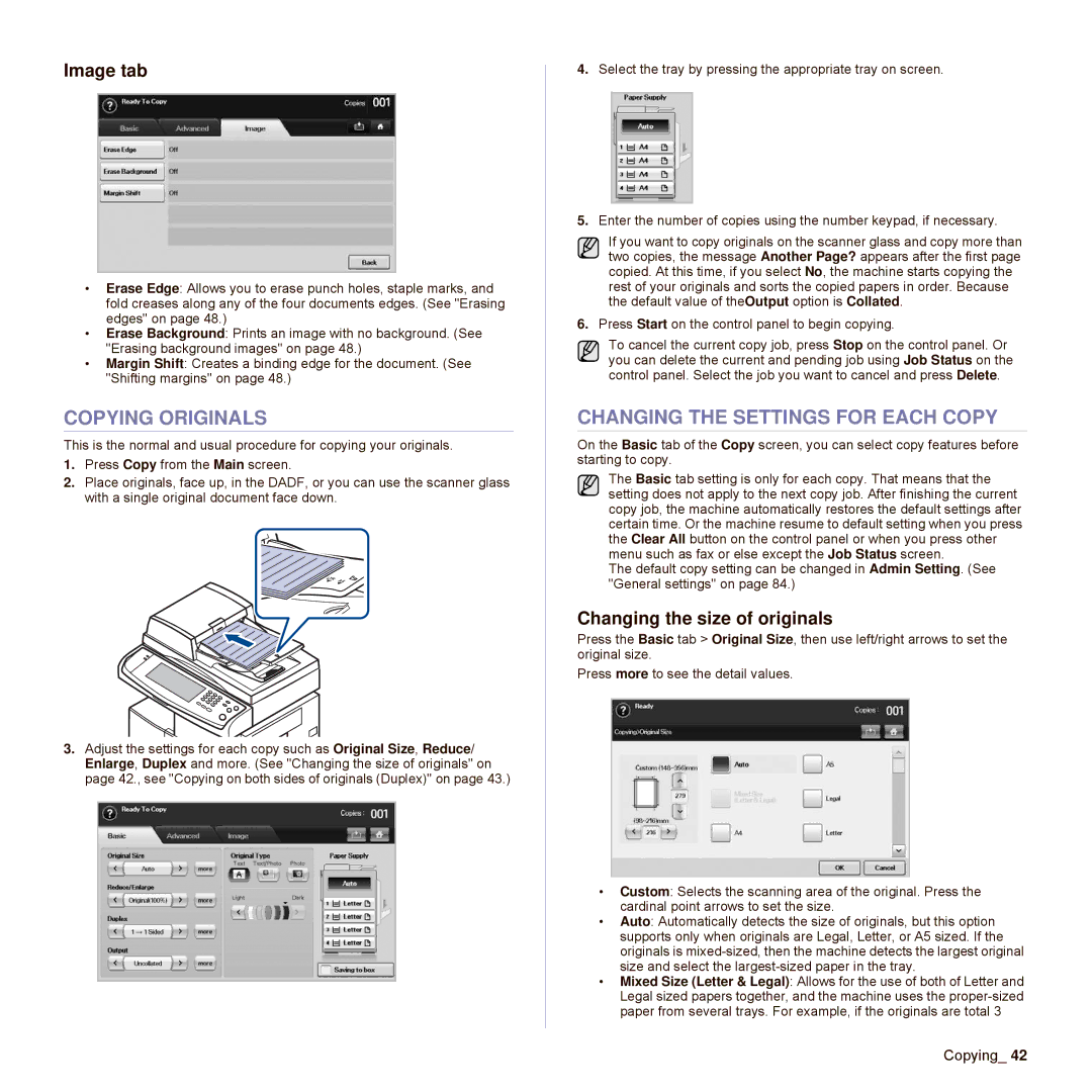 Samsung SCX-6545N Series Copying Originals, Changing the Settings for Each Copy, Image tab, Changing the size of originals 