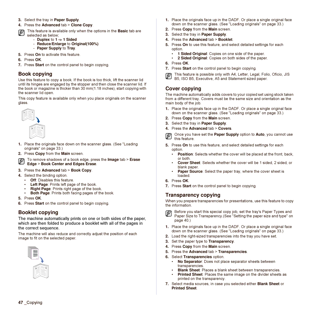 Samsung SCX-6545N Series manual Book copying, Booklet copying, Cover copying, Transparency copying 