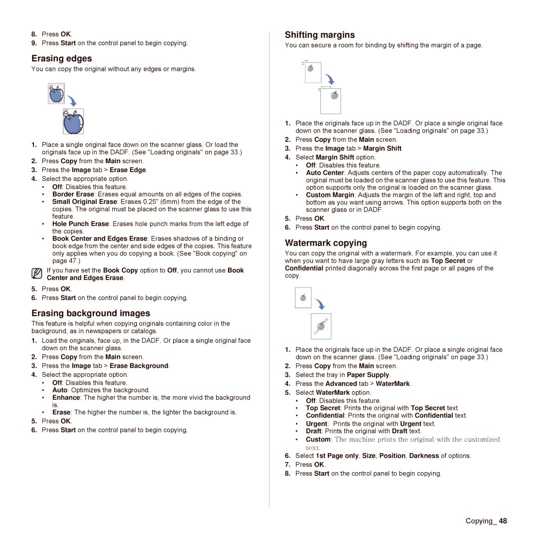 Samsung SCX-6545N Series manual Erasing edges, Erasing background images, Shifting margins, Watermark copying 