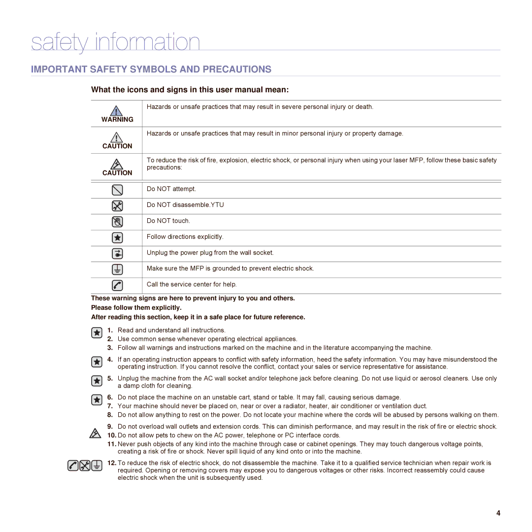 Samsung SCX-6545N Series manual Safety information, Important Safety Symbols and Precautions 