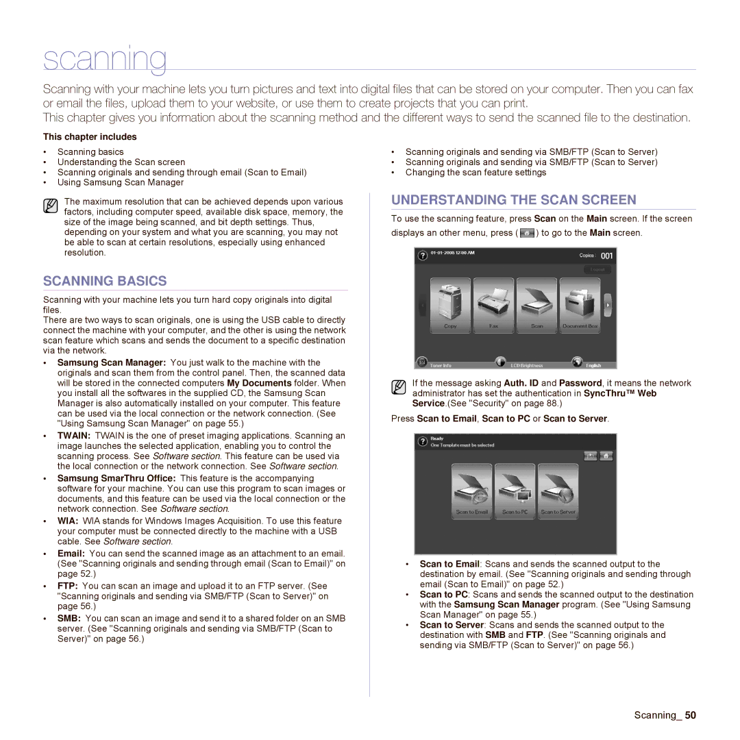 Samsung SCX-6545N Series manual Scanning Basics, Understanding the Scan Screen 