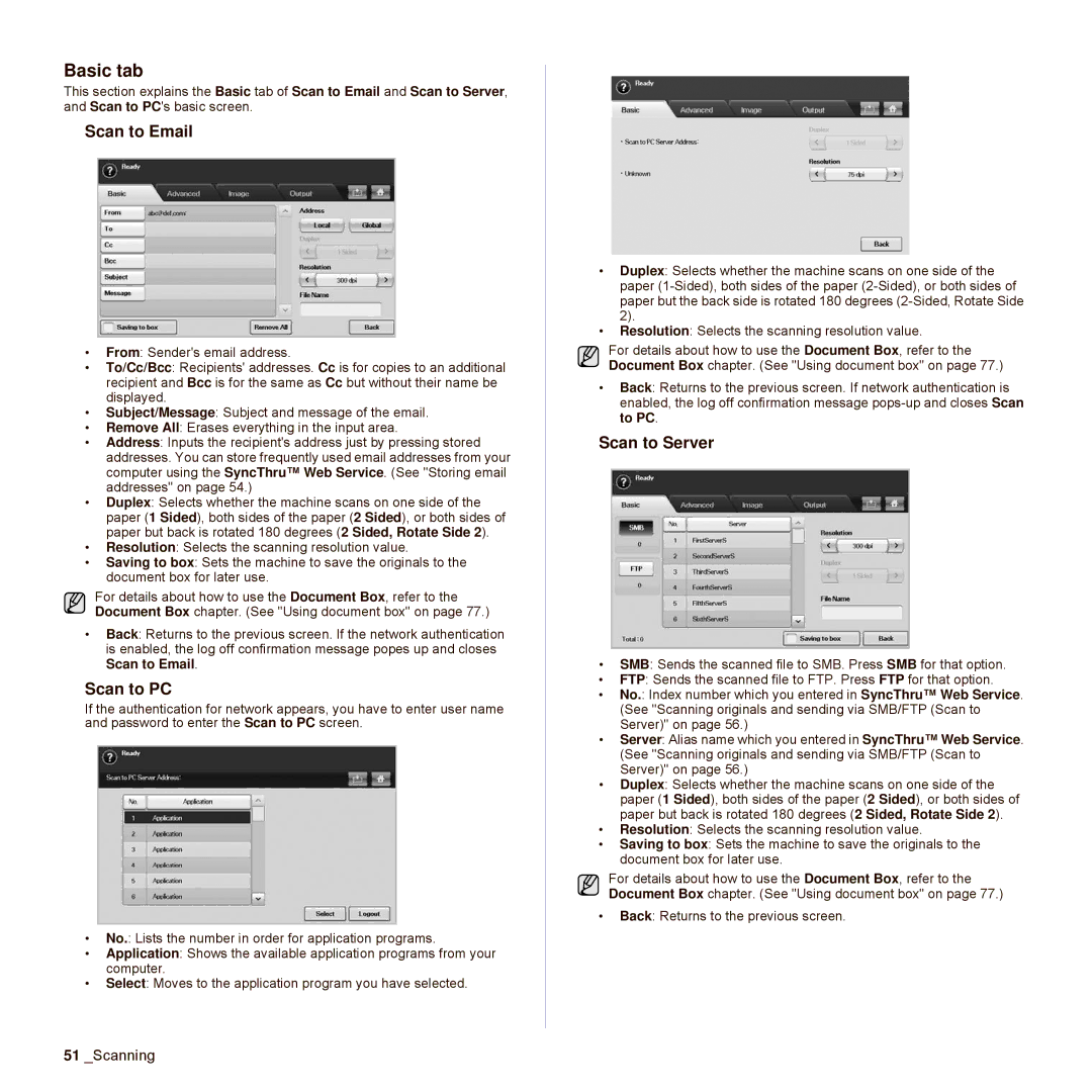 Samsung SCX-6545N Series manual Scan to Email, Scan to PC, Scan to Server 