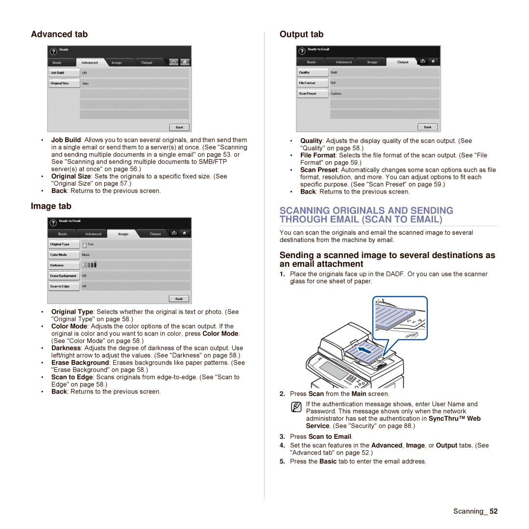 Samsung SCX-6545N Series manual Scanning Originals and Sending Through Email Scan to Email, Output tab, Press Scan to Email 