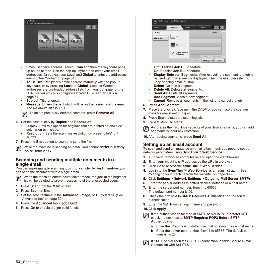 Samsung SCX-6545N Series manual Scanning and sending multiple documents in a single email, Setting up an email account 