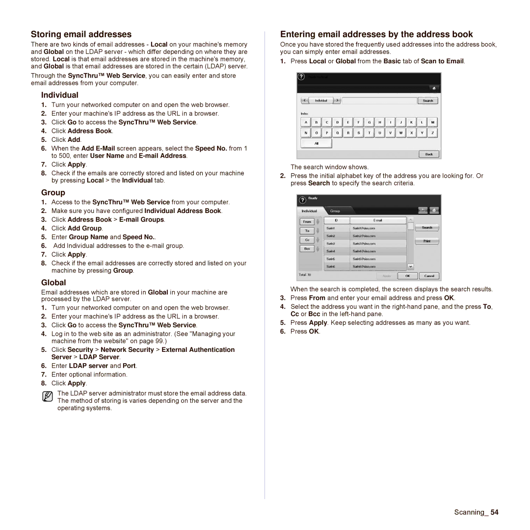 Samsung SCX-6545N Series Storing email addresses, Entering email addresses by the address book, Individual, Group, Global 