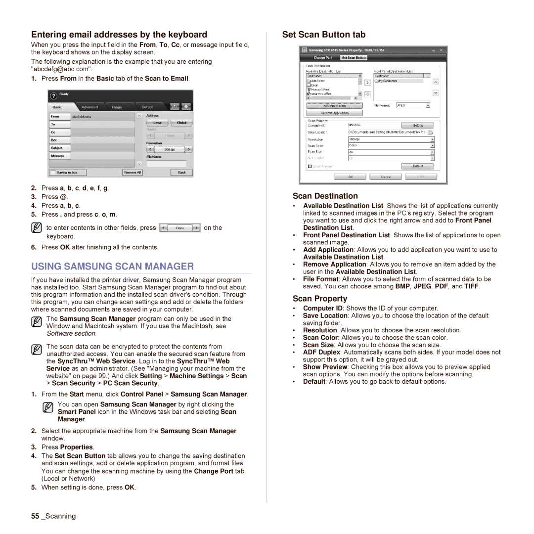 Samsung SCX-6545N Series manual Using Samsung Scan Manager, Entering email addresses by the keyboard, Set Scan Button tab 