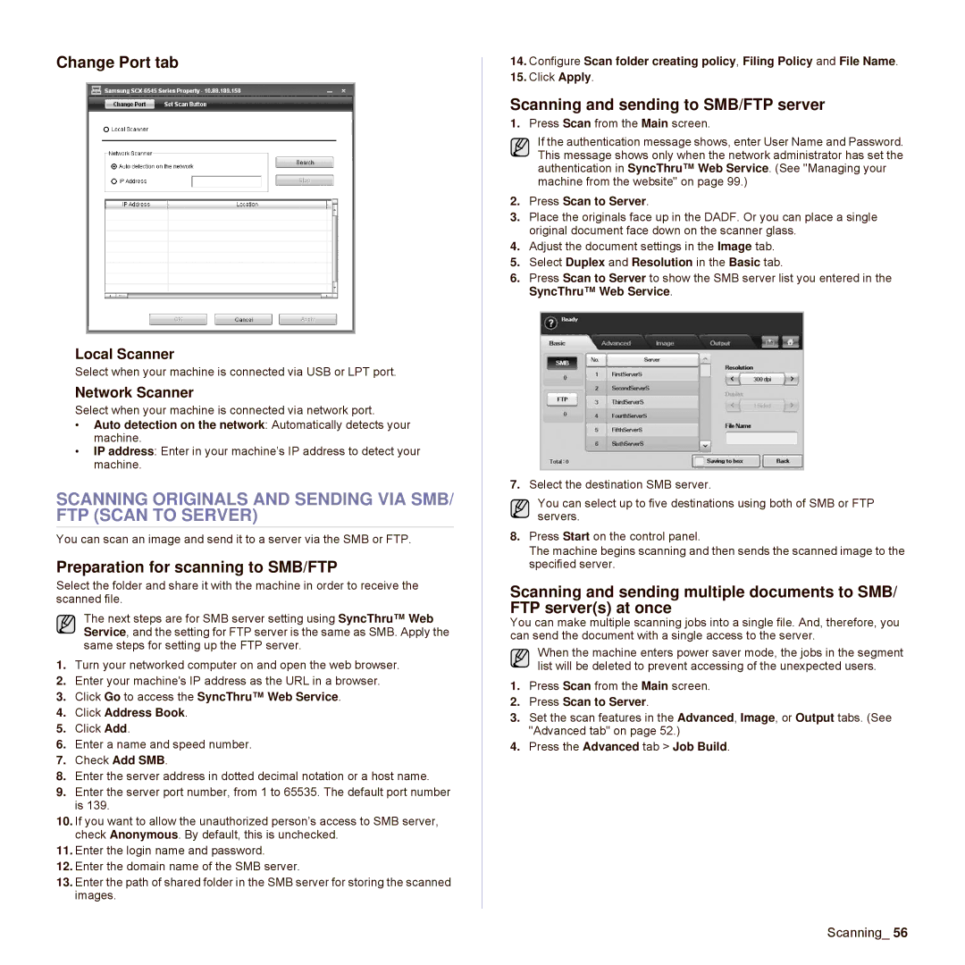 Samsung SCX-6545N Series manual Scanning Originals and Sending VIA SMB/ FTP Scan to Server, Change Port tab 