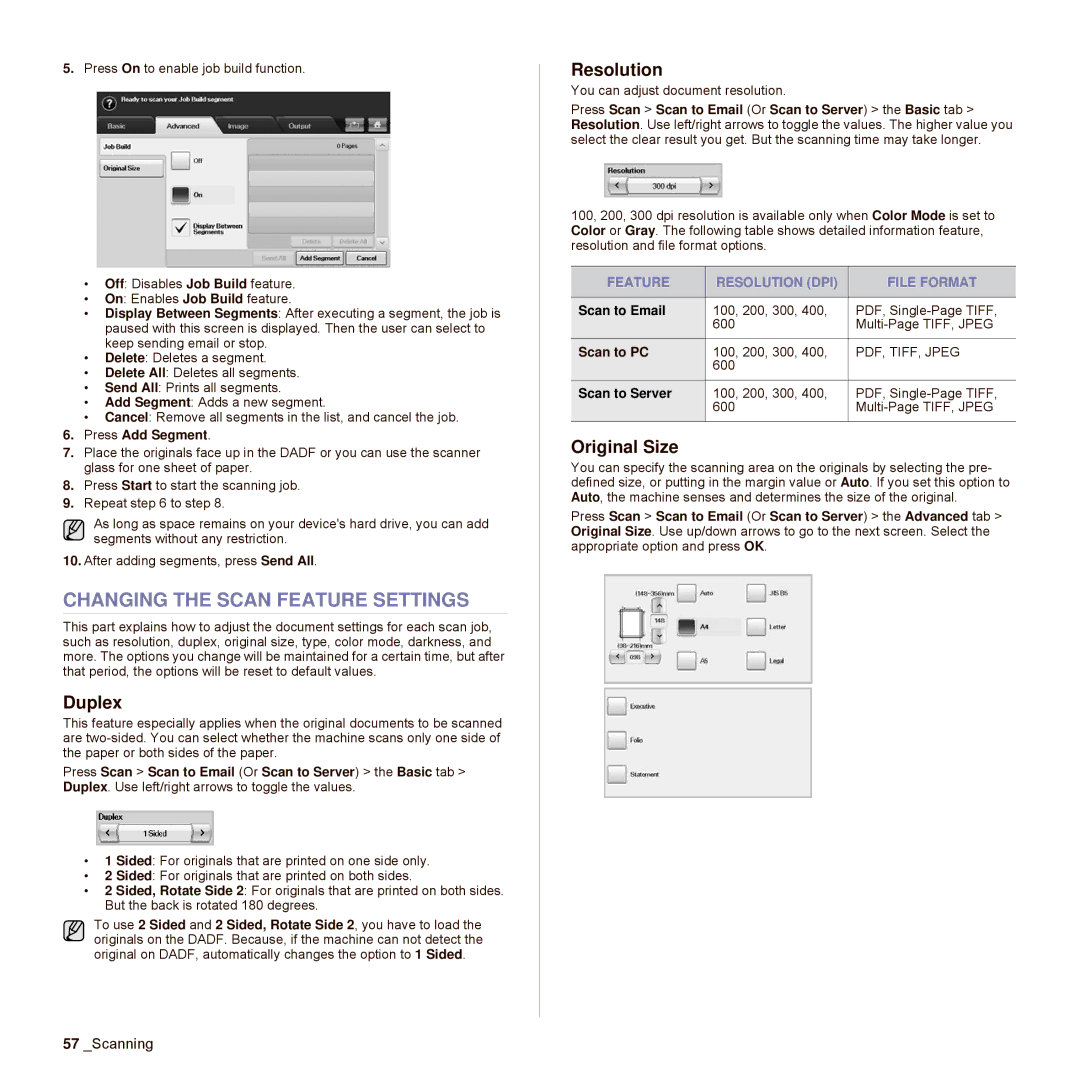 Samsung SCX-6545N Series manual Changing the Scan Feature Settings, Duplex, Resolution, Original Size 