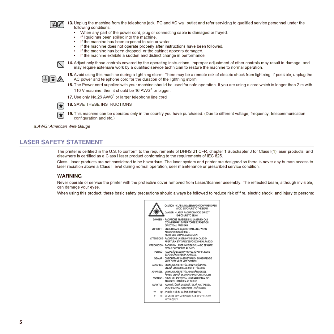 Samsung SCX-6545N Series manual Laser Safety Statement 