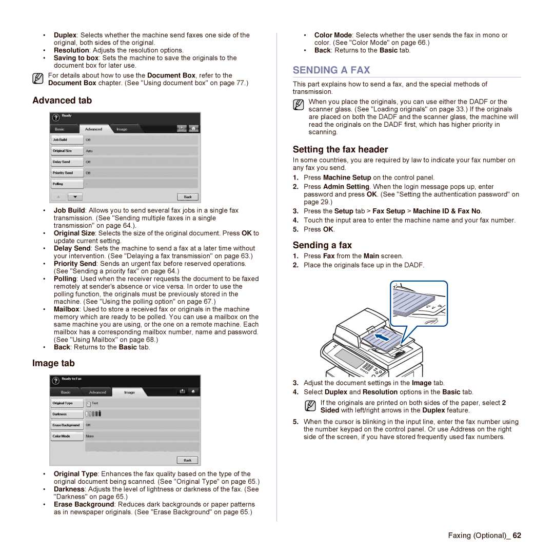 Samsung SCX-6545N Series manual Sending a FAX, Setting the fax header, Sending a fax 