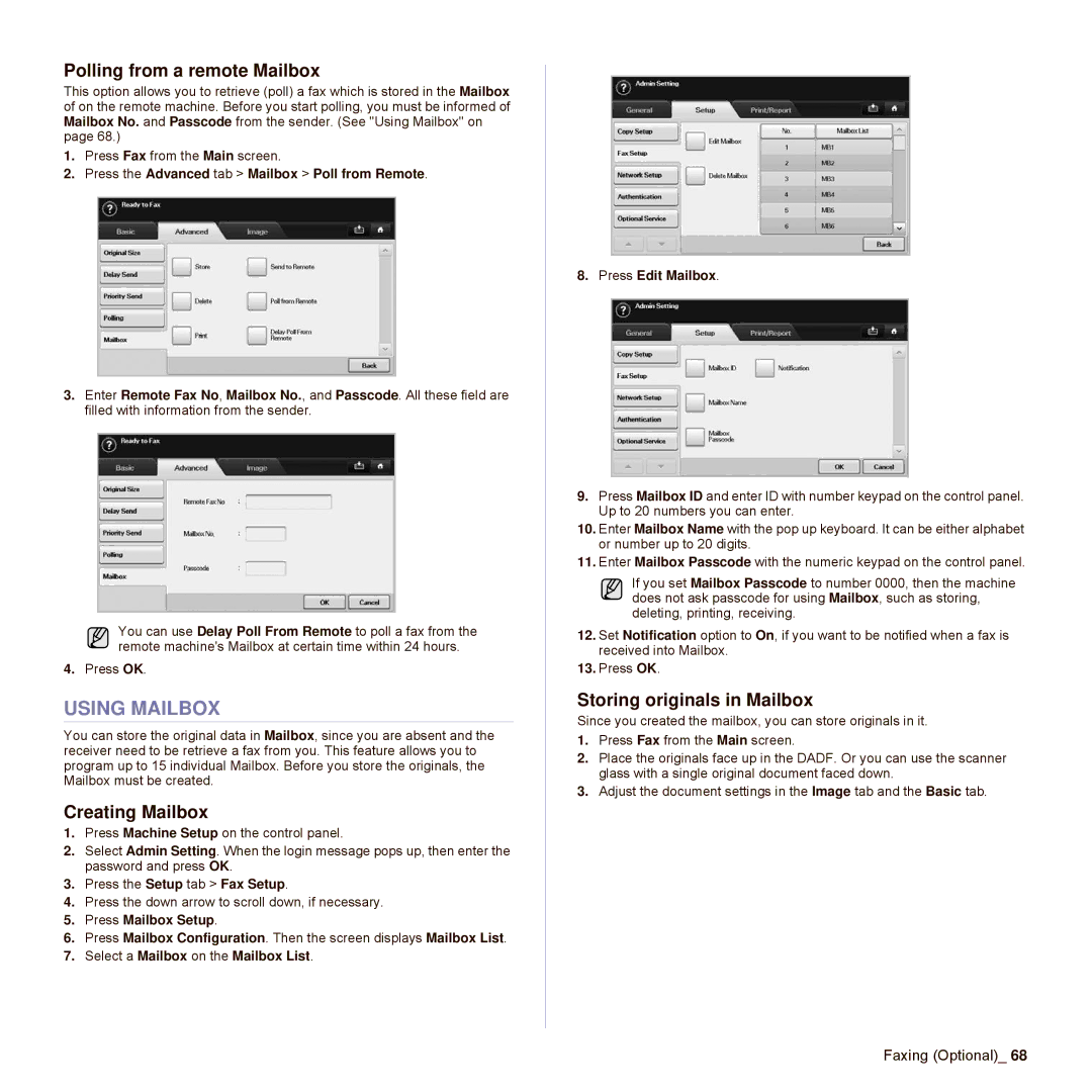 Samsung SCX-6545N Series Using Mailbox, Polling from a remote Mailbox, Creating Mailbox, Storing originals in Mailbox 