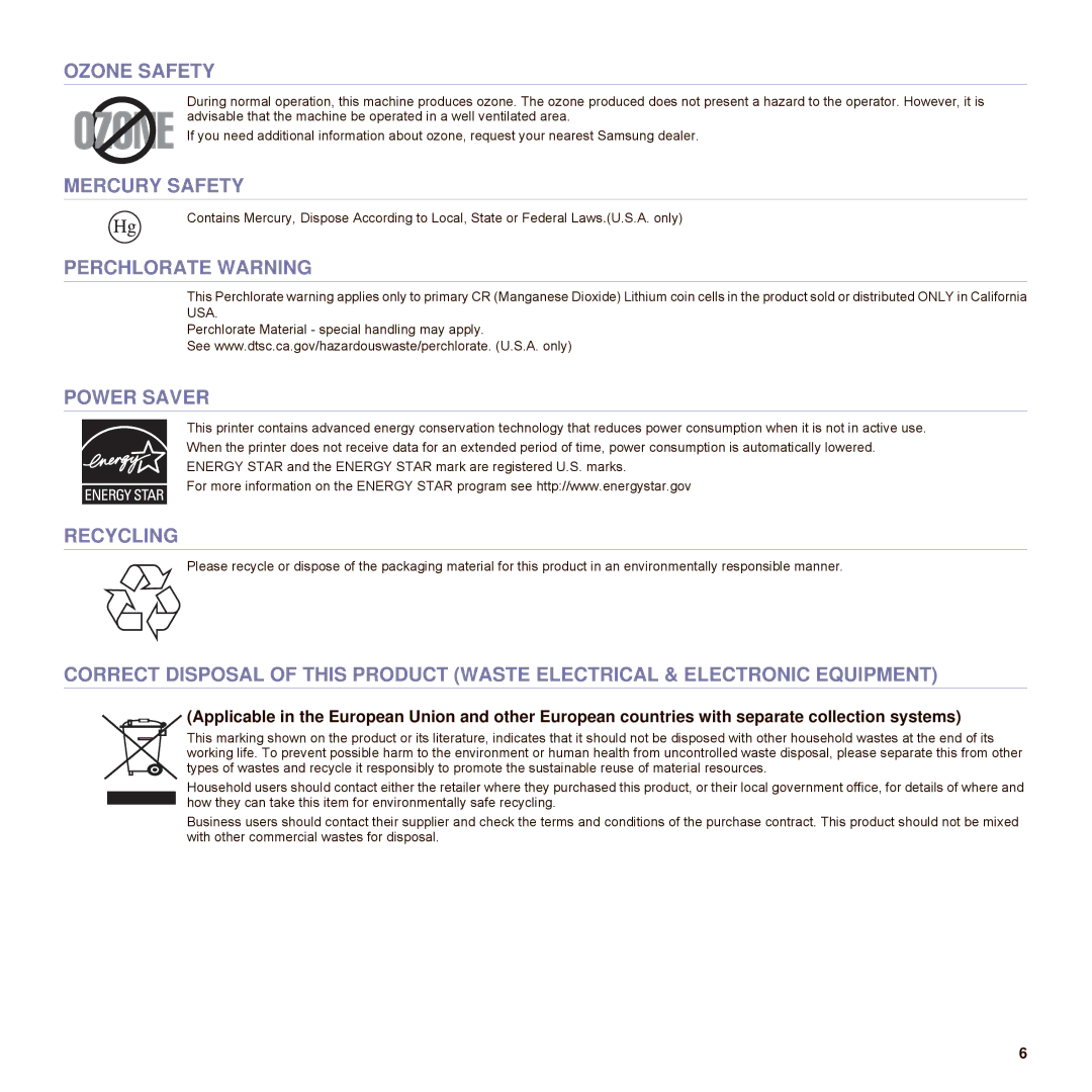 Samsung SCX-6545N Series manual Ozone Safety, Mercury Safety, Perchlorate Warning, Power Saver, Recycling 