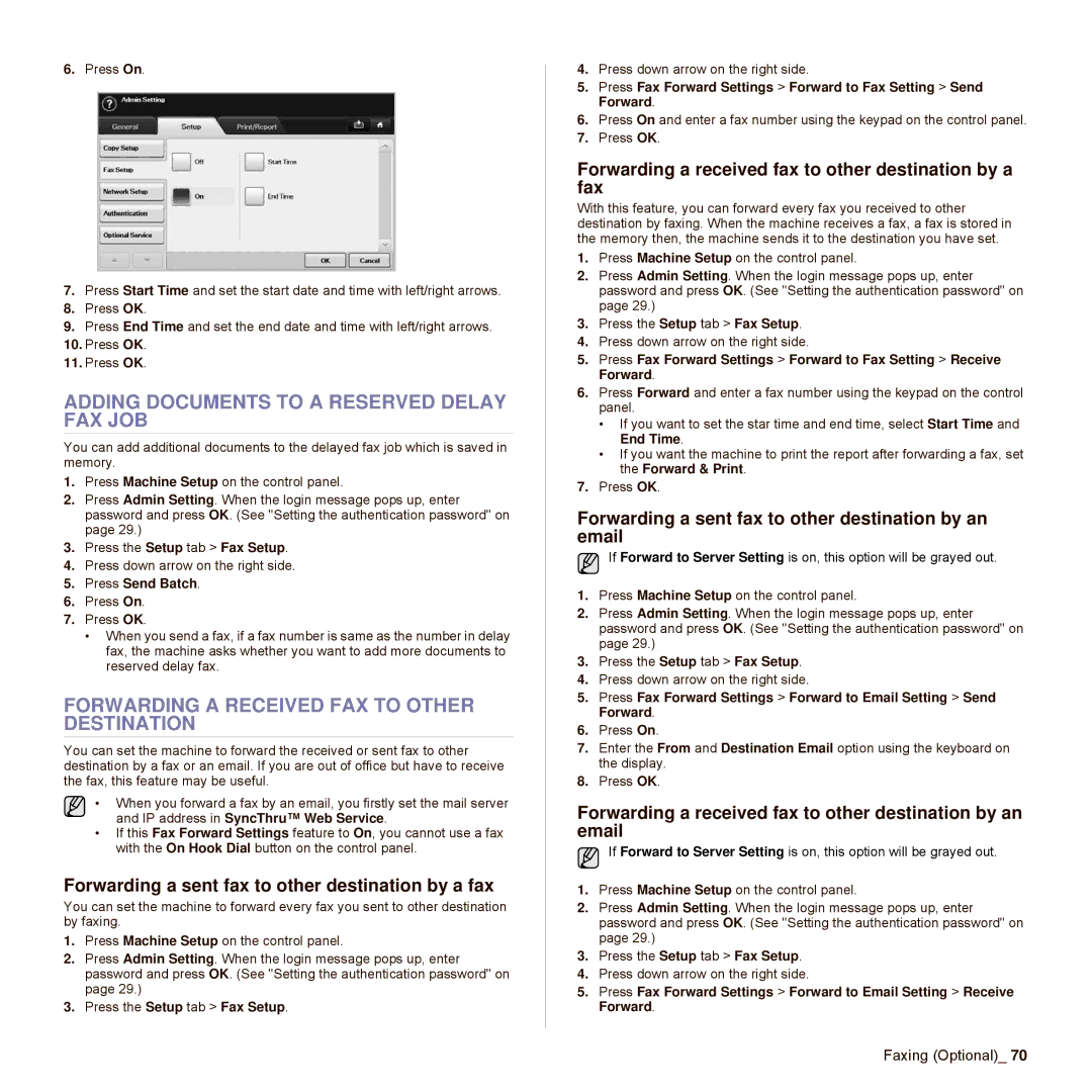 Samsung SCX-6545N Series Adding Documents to a Reserved Delay FAX JOB, Forwarding a Received FAX to Other Destination 