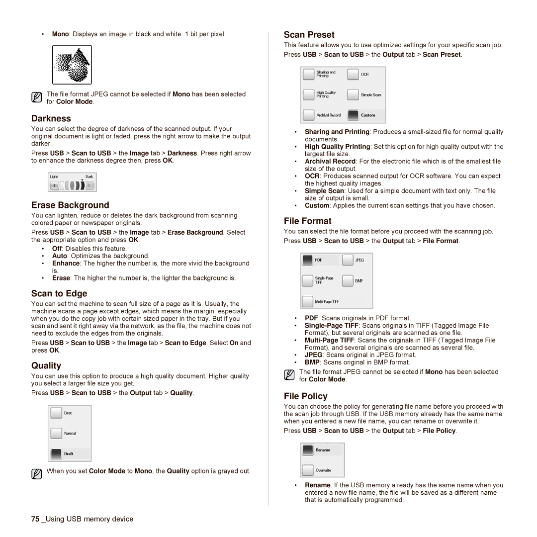 Samsung SCX-6545N Series manual File Policy, Press USB Scan to USB the Output tab Quality 