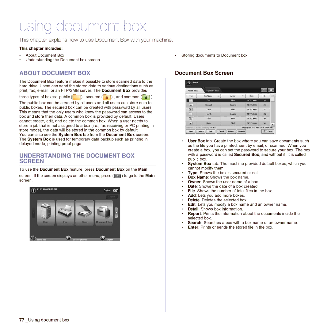 Samsung SCX-6545N Series manual Using document box, About Document BOX, Understanding the Document BOX Screen 