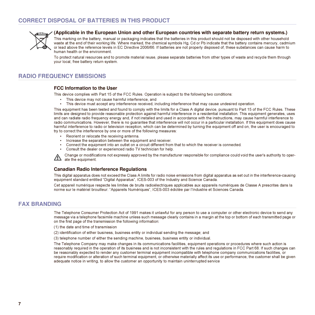 Samsung SCX-6545N Series manual Correct Disposal of Batteries in this Product, Radio Frequency Emissions, FAX Branding 