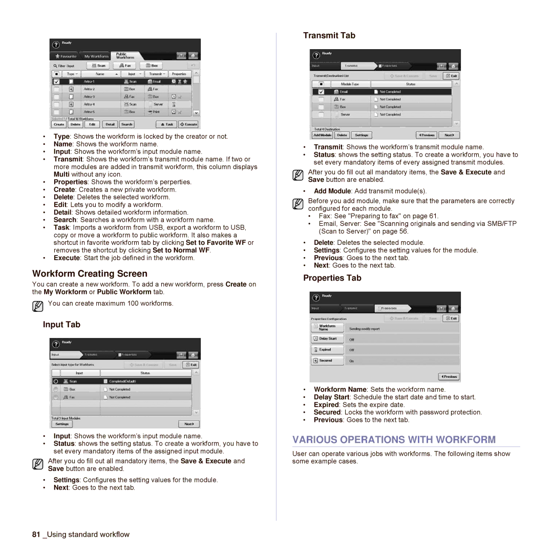 Samsung SCX-6545N Series manual Various Operations with Workform, Workform Creating Screen, Input Tab, Transmit Tab 