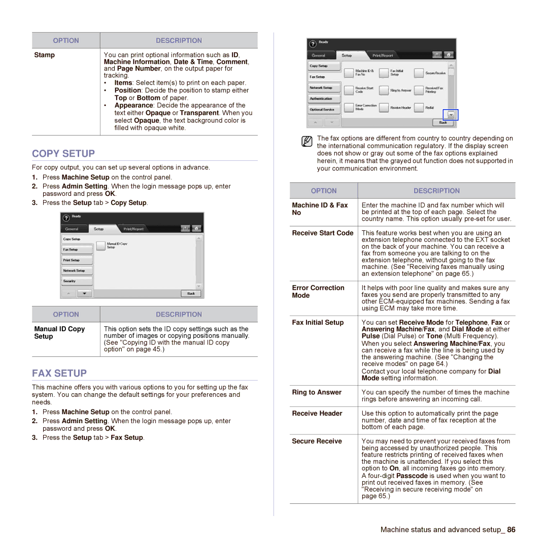 Samsung SCX-6545N Series manual Copy Setup, FAX Setup 