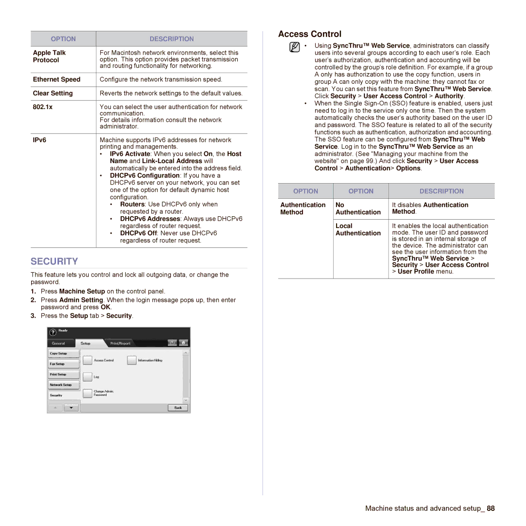 Samsung SCX-6545N Series manual Security, Access Control 