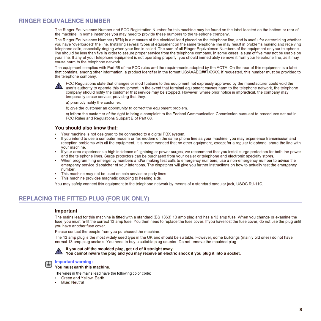 Samsung SCX-6545N Series manual Ringer Equivalence Number, Replacing the Fitted Plug for UK only, You should also know that 