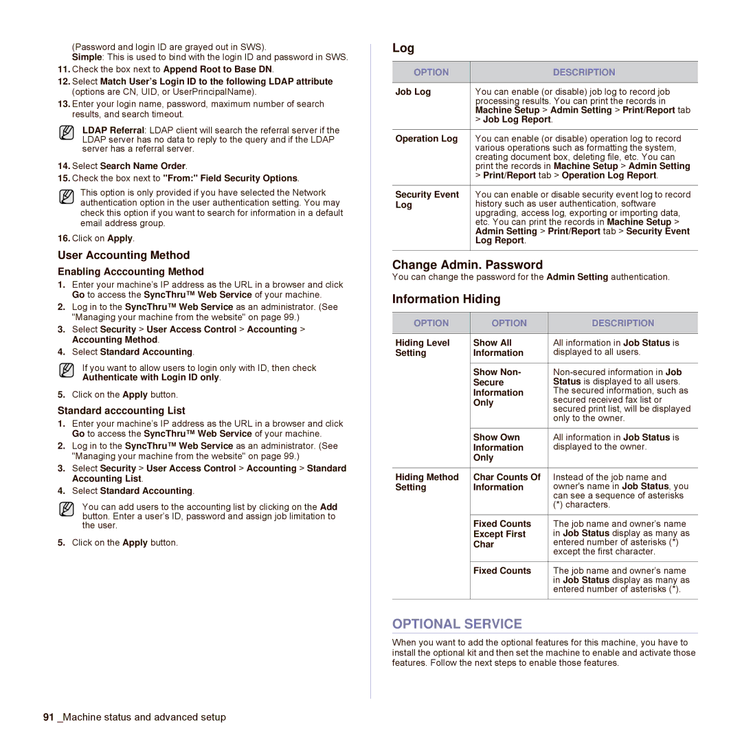 Samsung SCX-6545N Series manual Optional Service, Log, Change Admin. Password, Information Hiding, User Accounting Method 