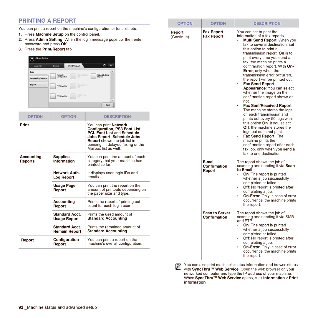 Samsung SCX-6545N Series manual Printing a Report 