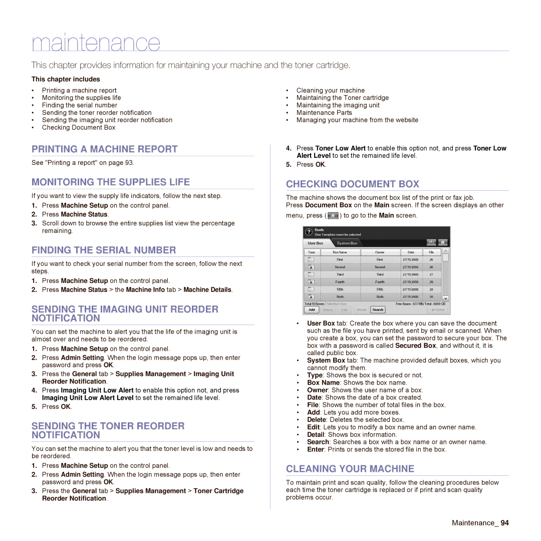 Samsung SCX-6545N Series manual Maintenance 