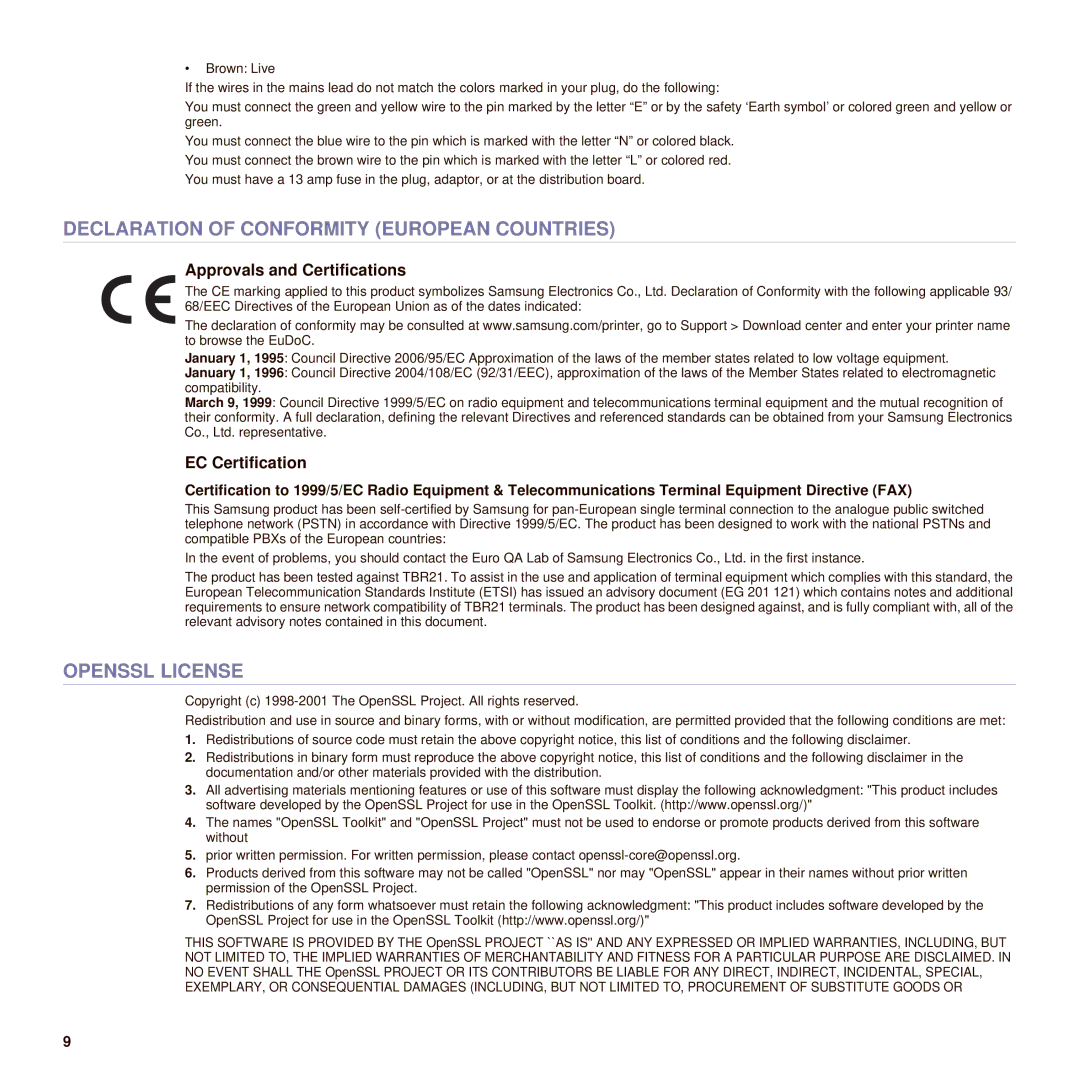 Samsung SCX-6545N manual Declaration of Conformity European Countries, Openssl License, Approvals and Certifications 