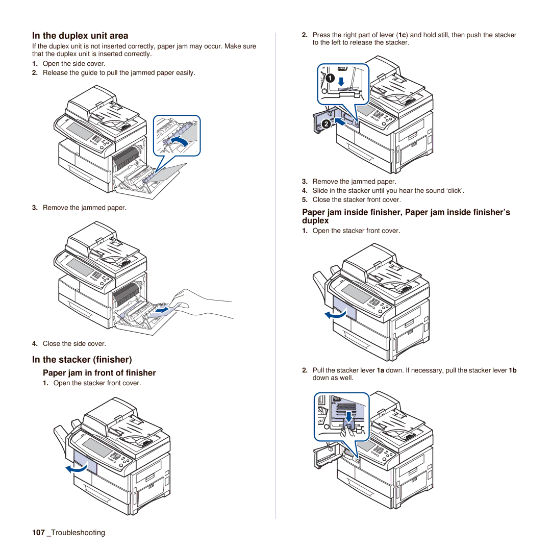 Samsung SCX-6545N manual Duplex unit area, Stacker finisher, Paper jam in front of finisher 