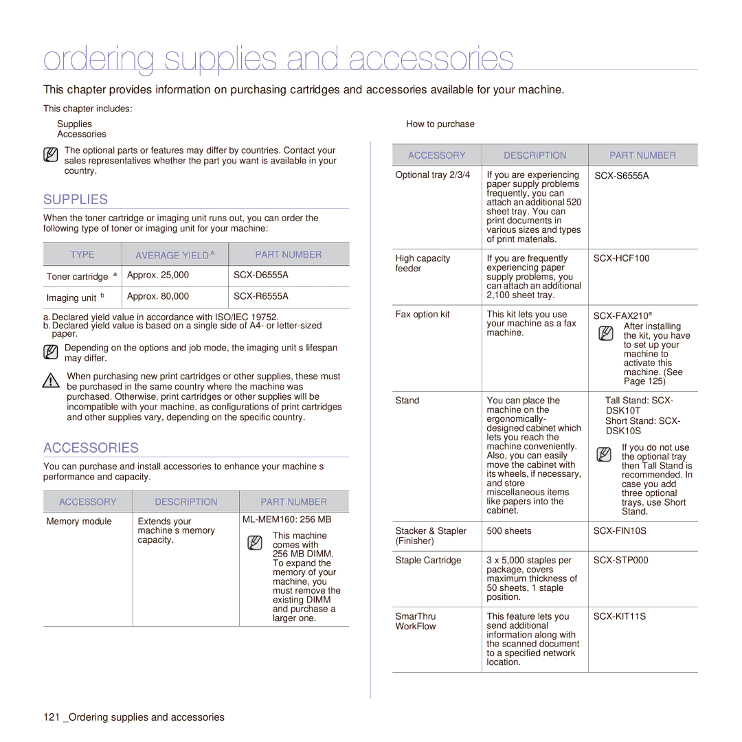 Samsung SCX-6545N manual Ordering supplies and accessories, Supplies, Accessories 