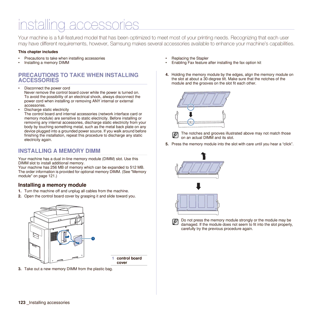 Samsung SCX-6545N manual Installing accessories, Precautions to Take When Installing Accessories, Installing a Memory Dimm 