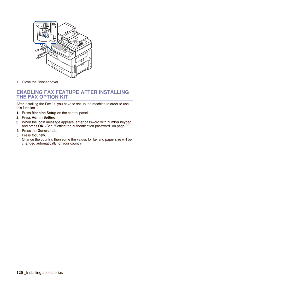 Samsung SCX-6545N manual Enabling FAX Feature After Installing the FAX Option KIT, Press Admin Setting 