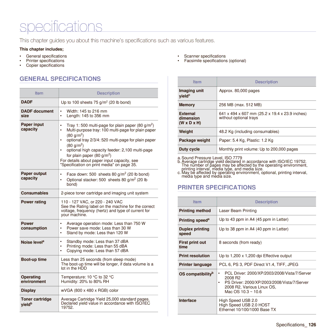 Samsung SCX-6545N manual General Specifications, Printer Specifications 