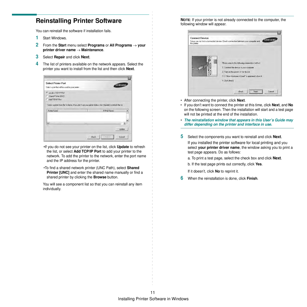 Samsung SCX-6545N manual Reinstalling Printer Software, Select Repair and click Next 